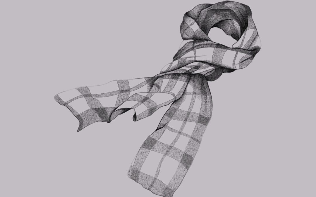 A fine line tattoo flash design of a scarf with delicate shading and checked pattern