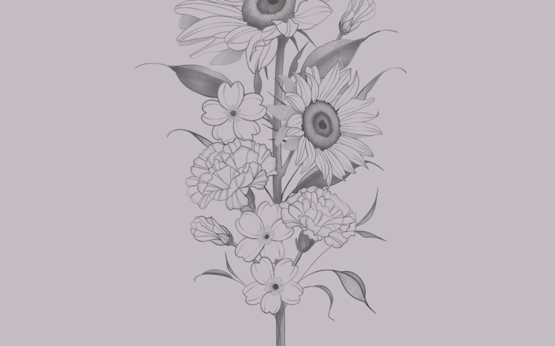 Delicate, fine line tattoo design of a bouquet with two sunflowers, carnations and primroses