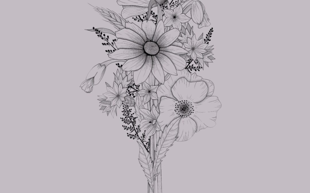Delicate, fine line tattoo design of a wildflowers bouquet