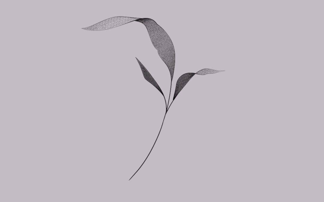 A fine line, delicate tattoo design of a small branch with leaves